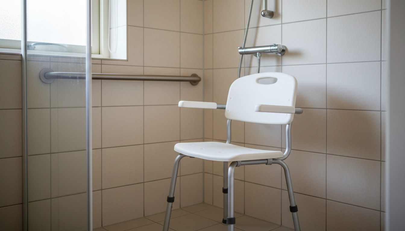 Hvid brusestol med ryglæn står i en bruseniche med en gribestang på væggen