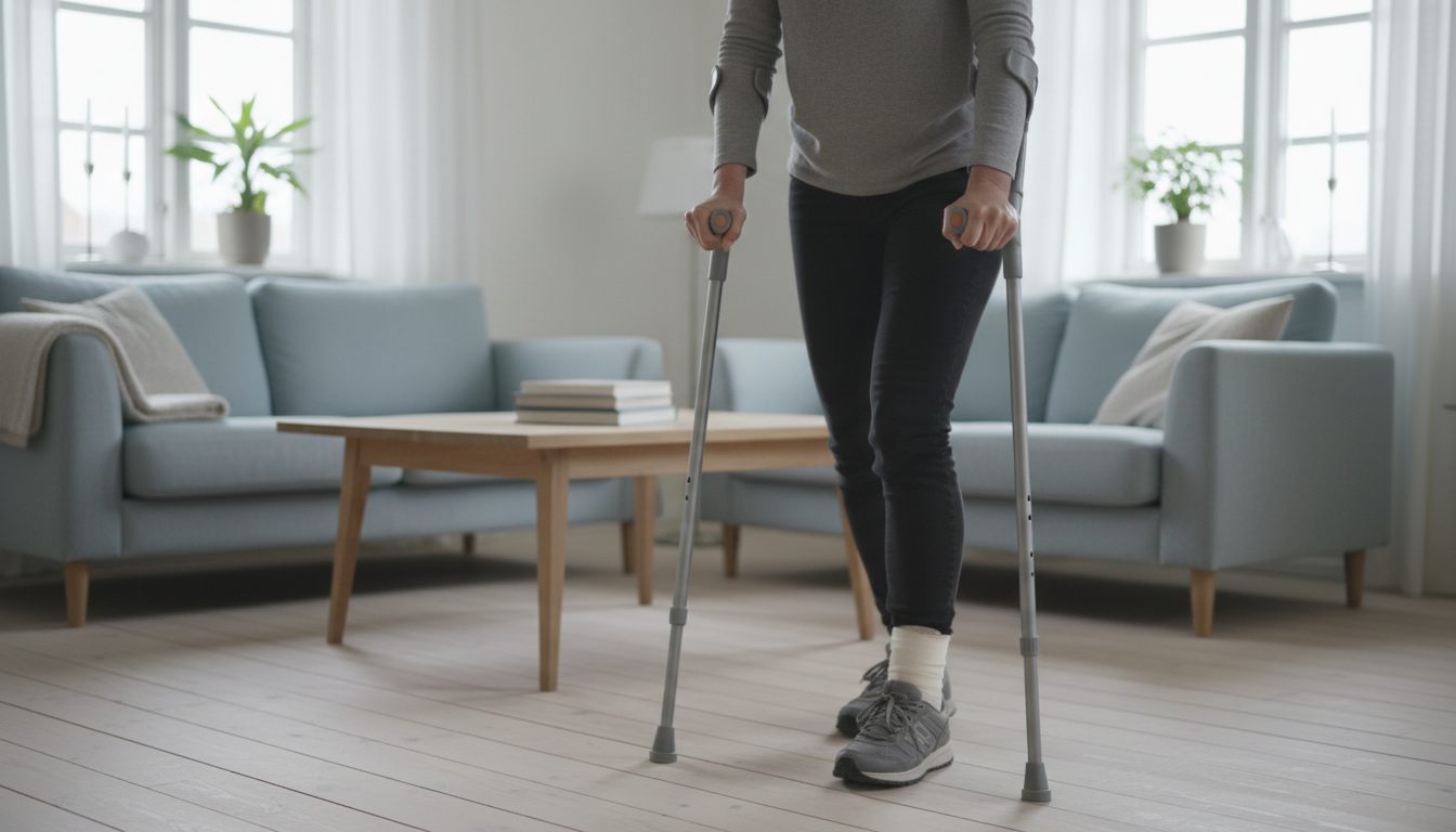 Person med bandageret fod går med krykker i en stue