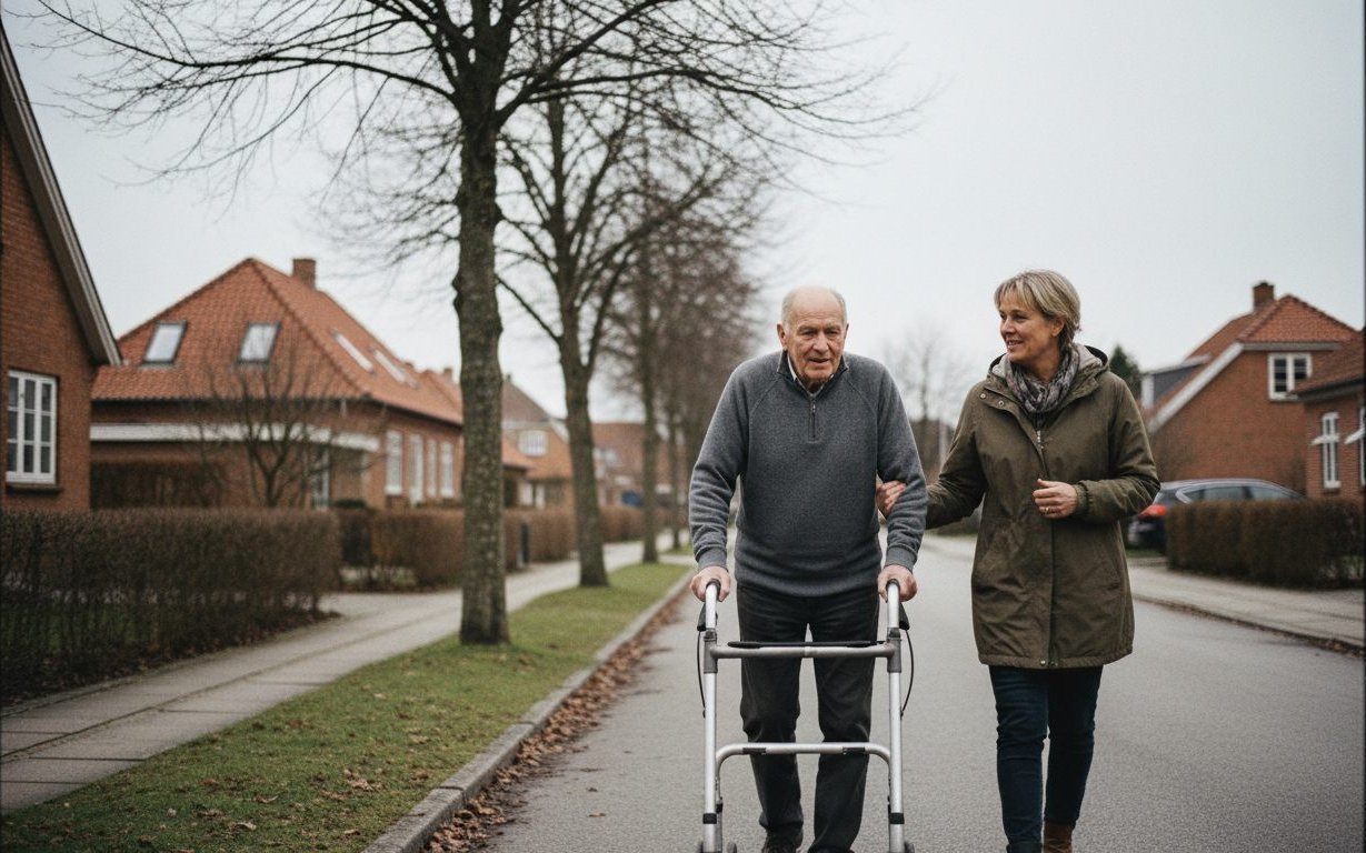 Ældre mand går med rollator på et dansk villavejsfortov sammen med sin voksne datter
