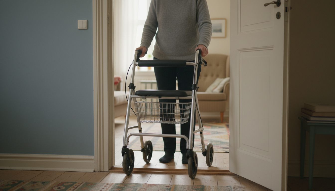Smal indendørs rollator skubbes gennem en almindelig dørkarm i et dansk hjem