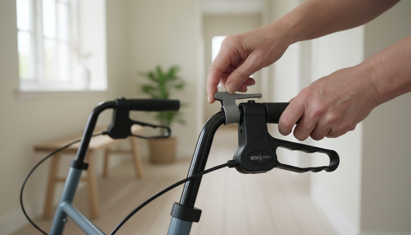 Hænder justerer håndtagshøjden på en rollator med en klemmelås