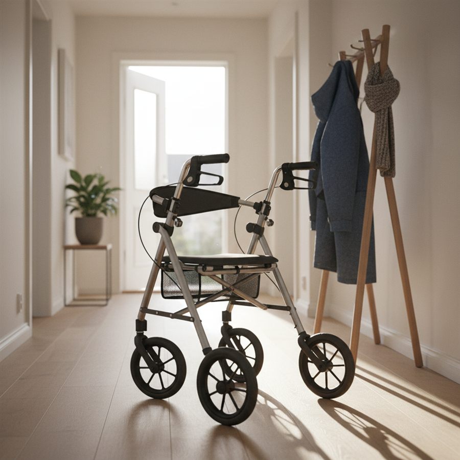 Letvægtsrollator står i en lys entré i et dansk hjem