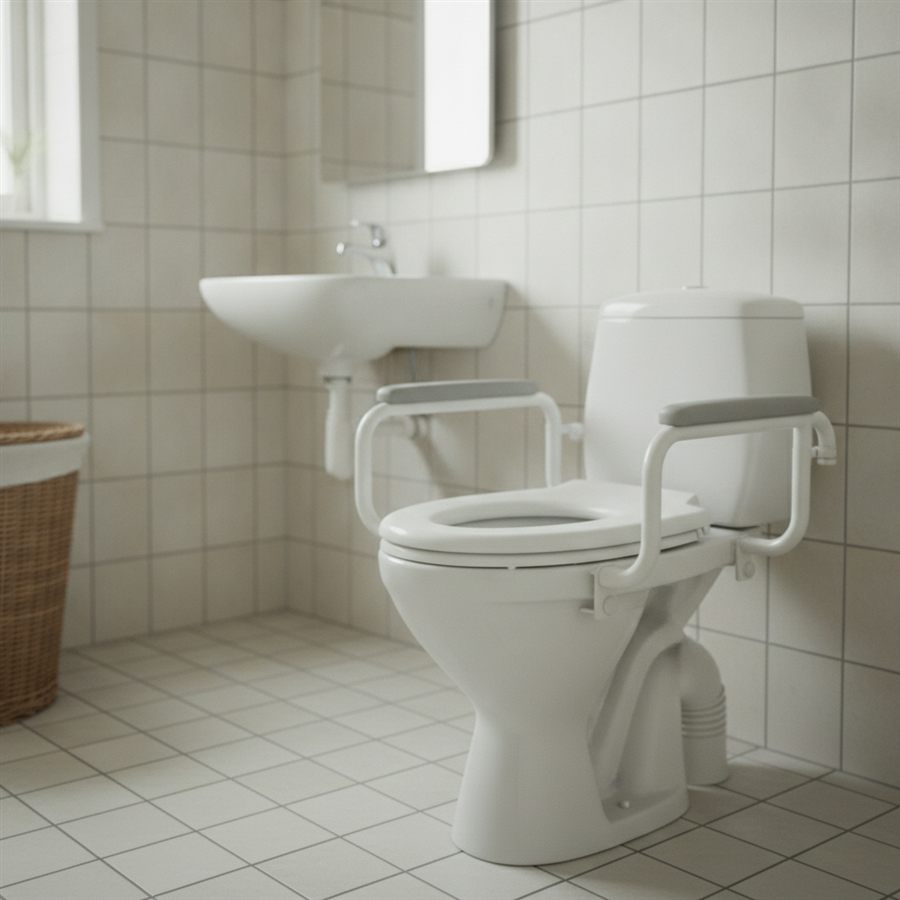 Toiletforhøjer med armlæn monteret på et toilet i et lyst badeværelse