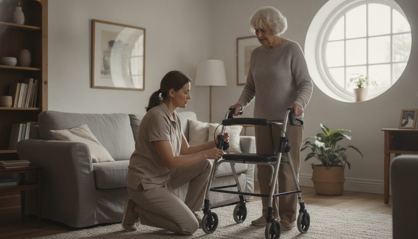 Ergoterapeut viser en ældre kvinde, hvordan håndtagene på en rollator justeres i hendes hjem