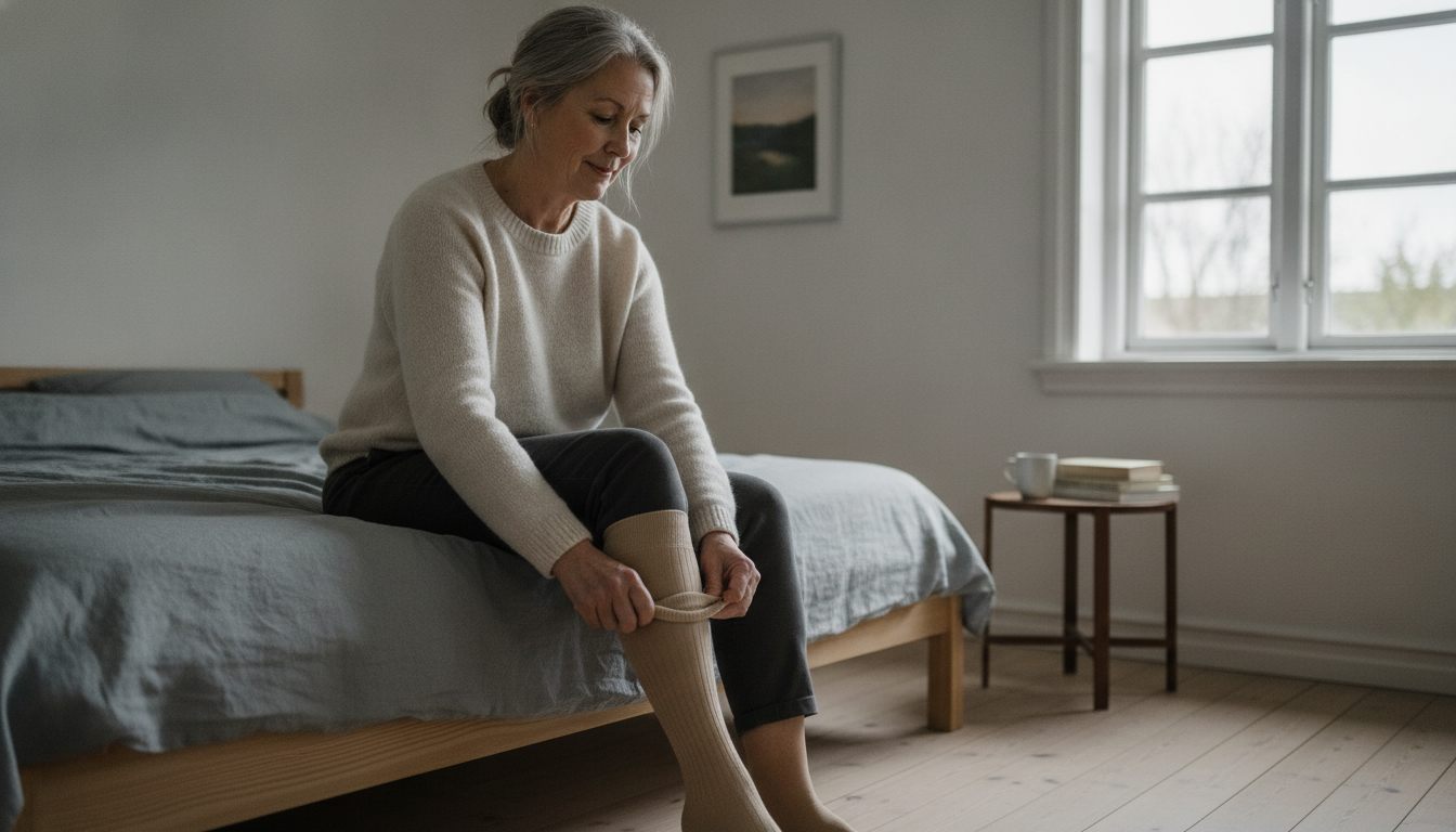 Kvinde i tresserne tager en knæhøj støttestrømpe på, siddende på sengekanten i dansk morgenlys