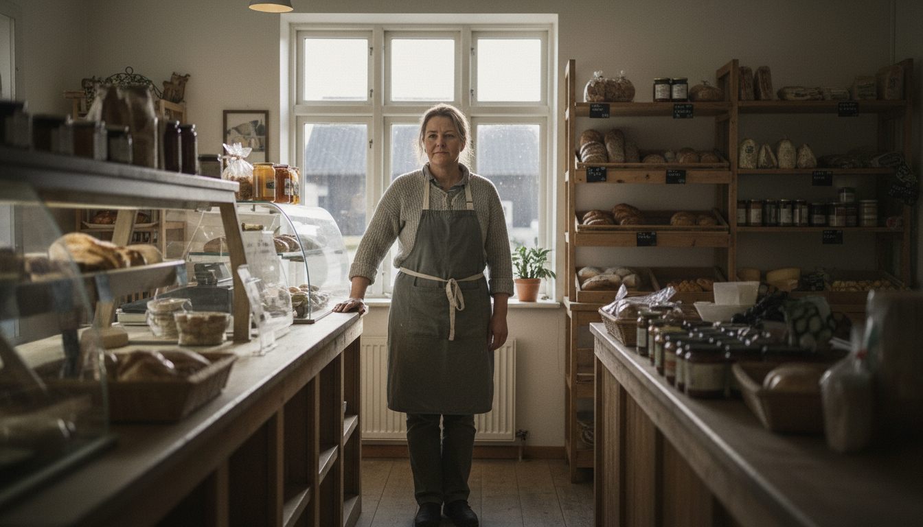 Kvindelig butiksansat står bag disken i en lille dansk butik en almindelig arbejdsdag
