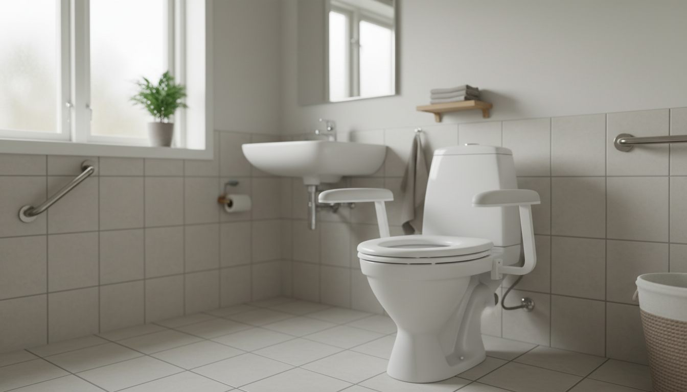 Toiletforhøjer med armlæn monteret på et toilet i et lyst badeværelse