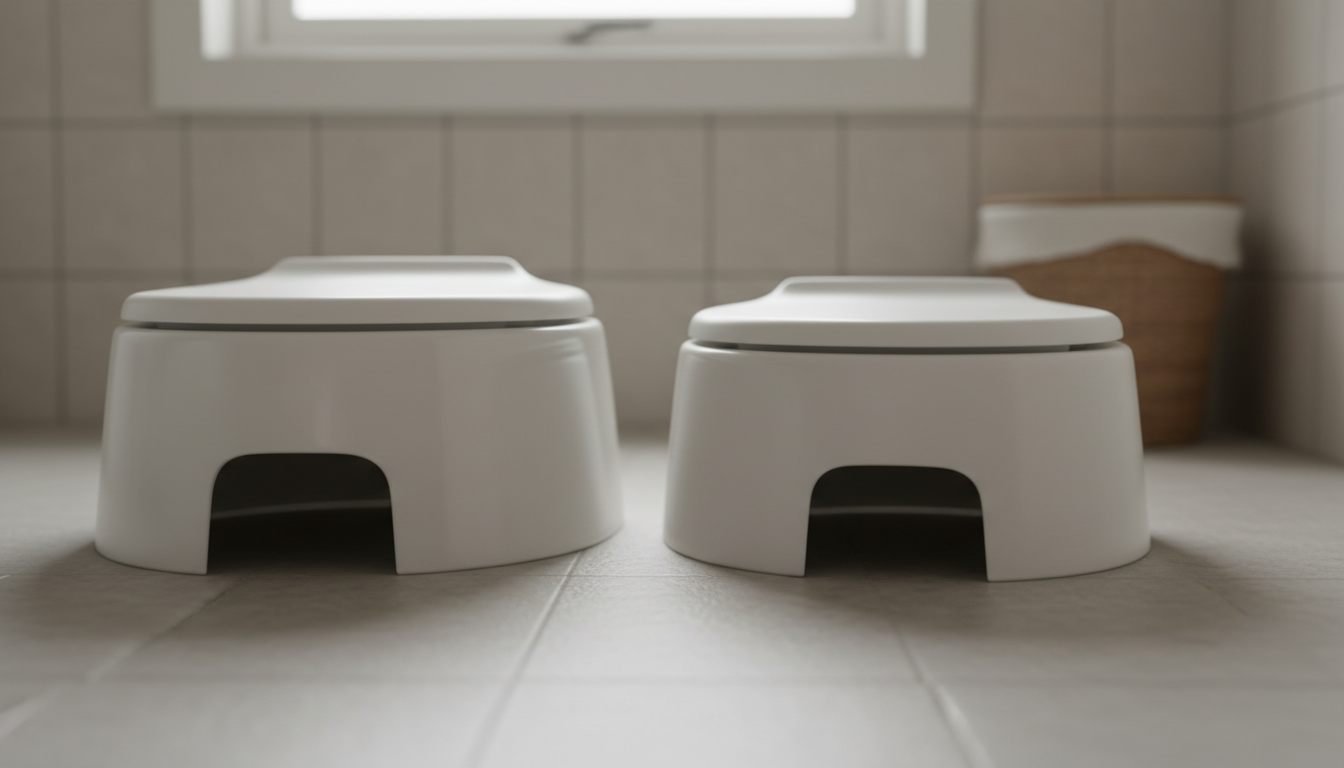 To toiletforhøjere i forskellig højde stillet ved siden af hinanden
