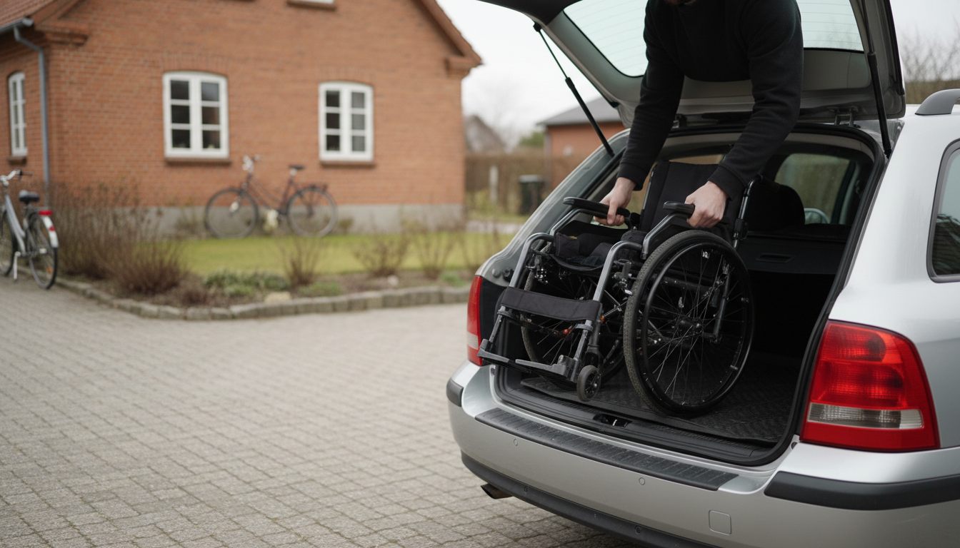 En foldet transportkørestol løftes ind i bagagerummet på en almindelig bil