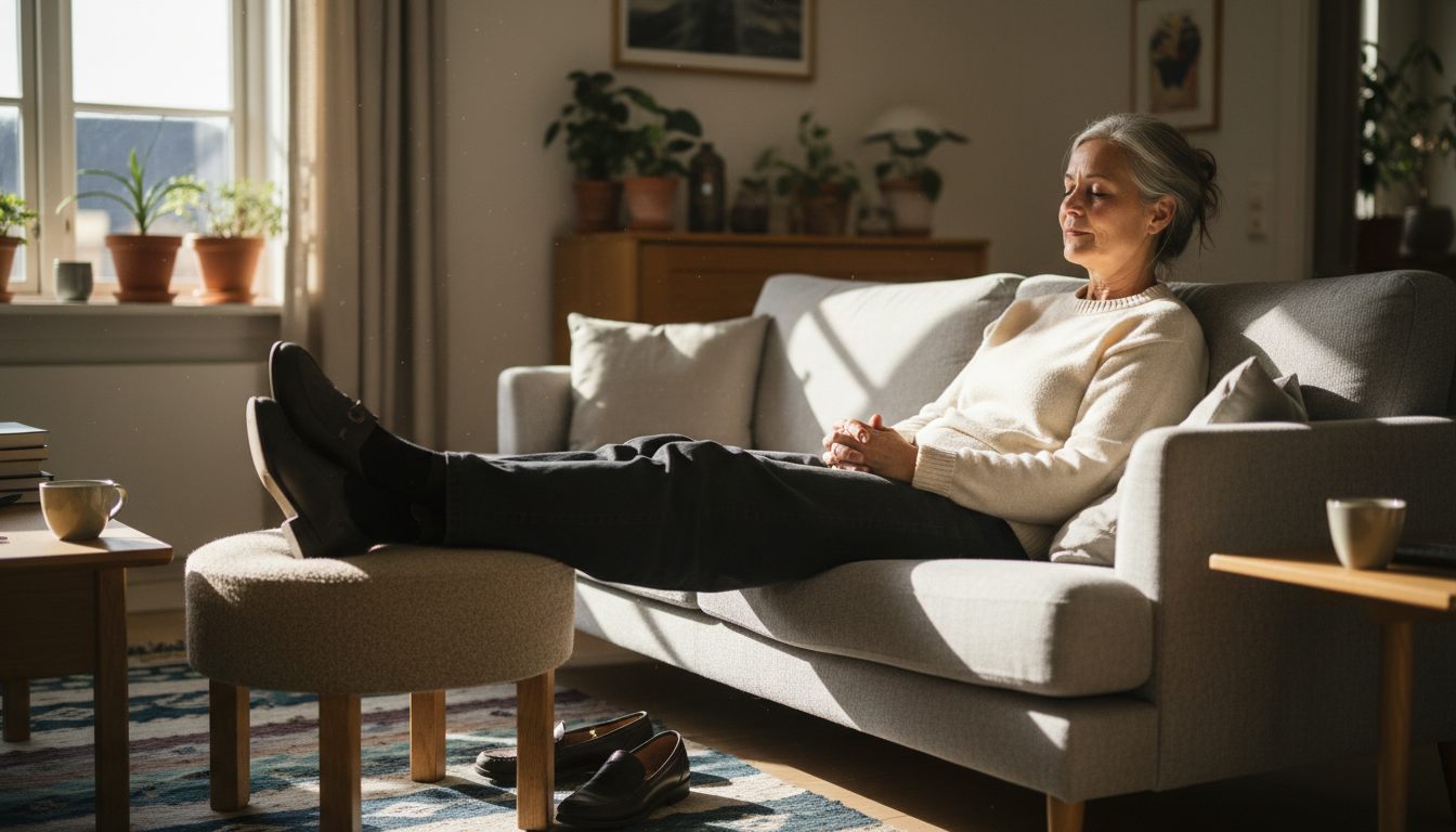 Kvinde sidder i sofaen med benene hævet op på en puf efter en lang dag på arbejde