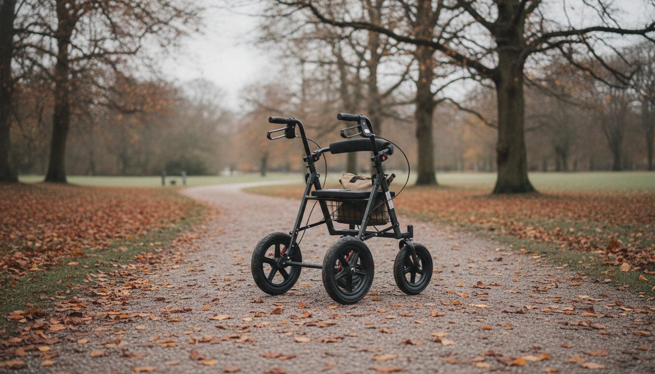 Udendørs rollator med store hjul står på en grusvej i et dansk parkområde