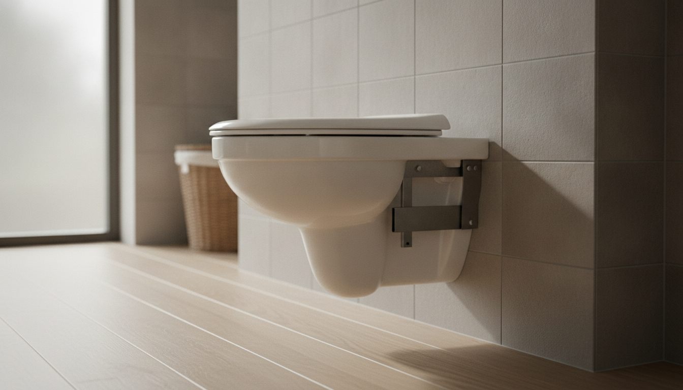 Væghængt toilet i et moderne dansk badeværelse med flisevæg