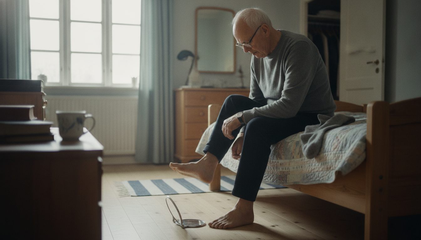 Ældre mand sidder på sengekanten og ser sin fodsål efter i et lille håndspejl på gulvet i dagslys