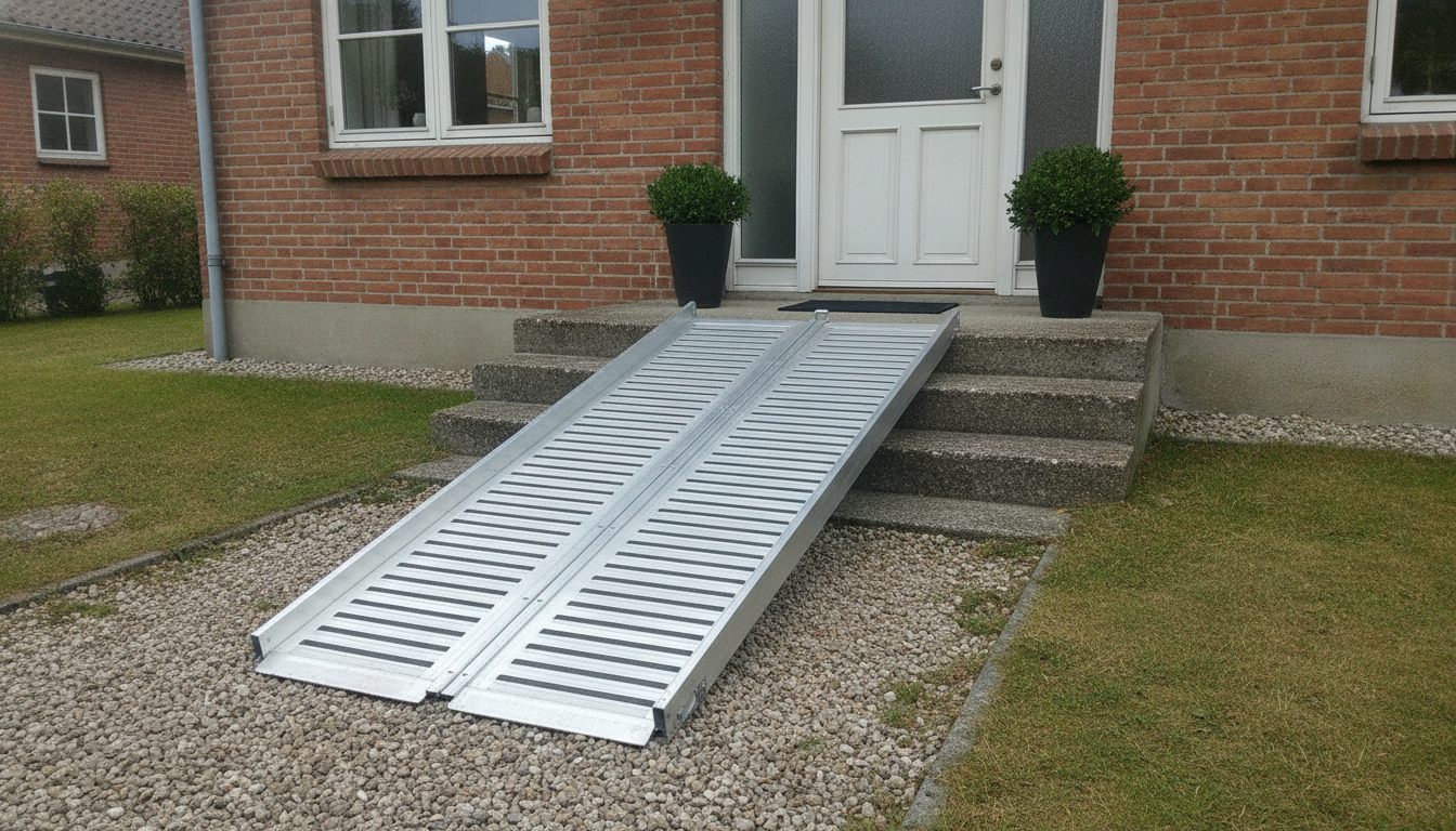 Foldbar aluminiumsrampe i to spor lagt op ad et enkelt betontrin ved en indgang