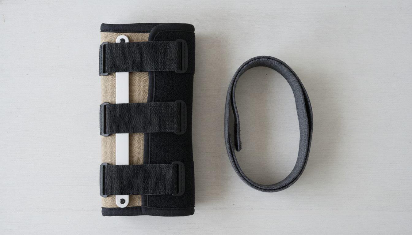 To håndledsstøtter set ovenfra: til venstre en stiv skinne med hvid stiver og tre velcrostropper, til højre et blødt elastisk bind