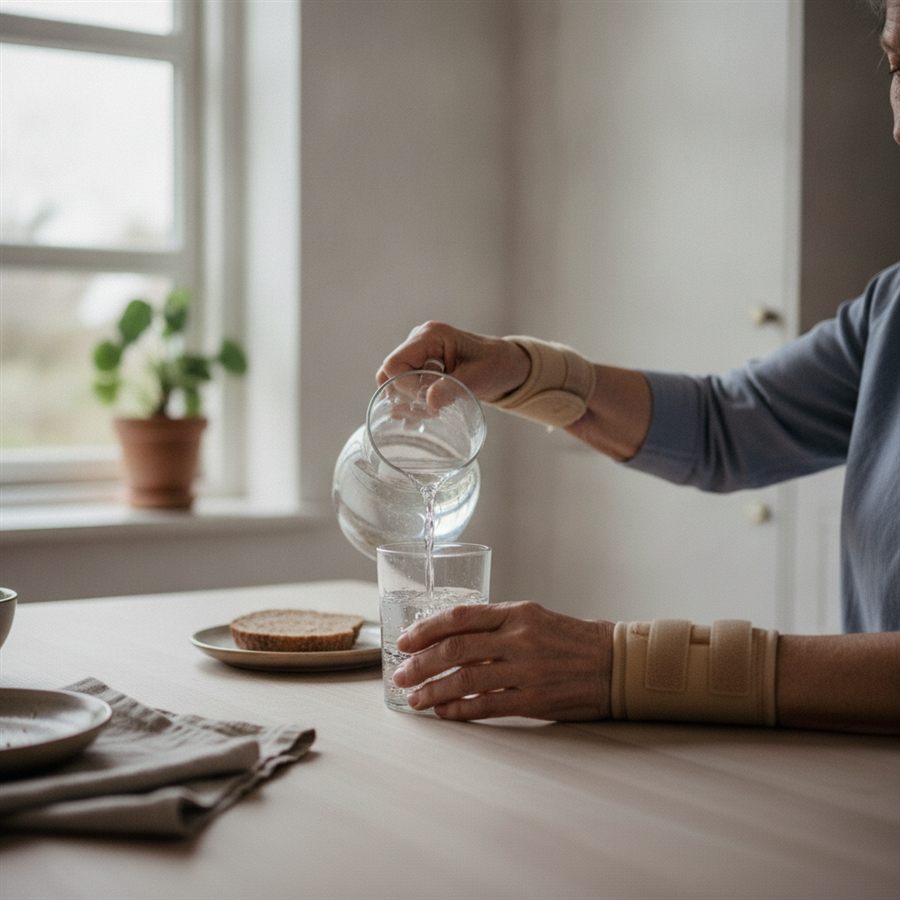 Ældre kvinde med beige håndledsstøtter med velcro på begge håndled skænker vand op i et glas ved et køkkenbord