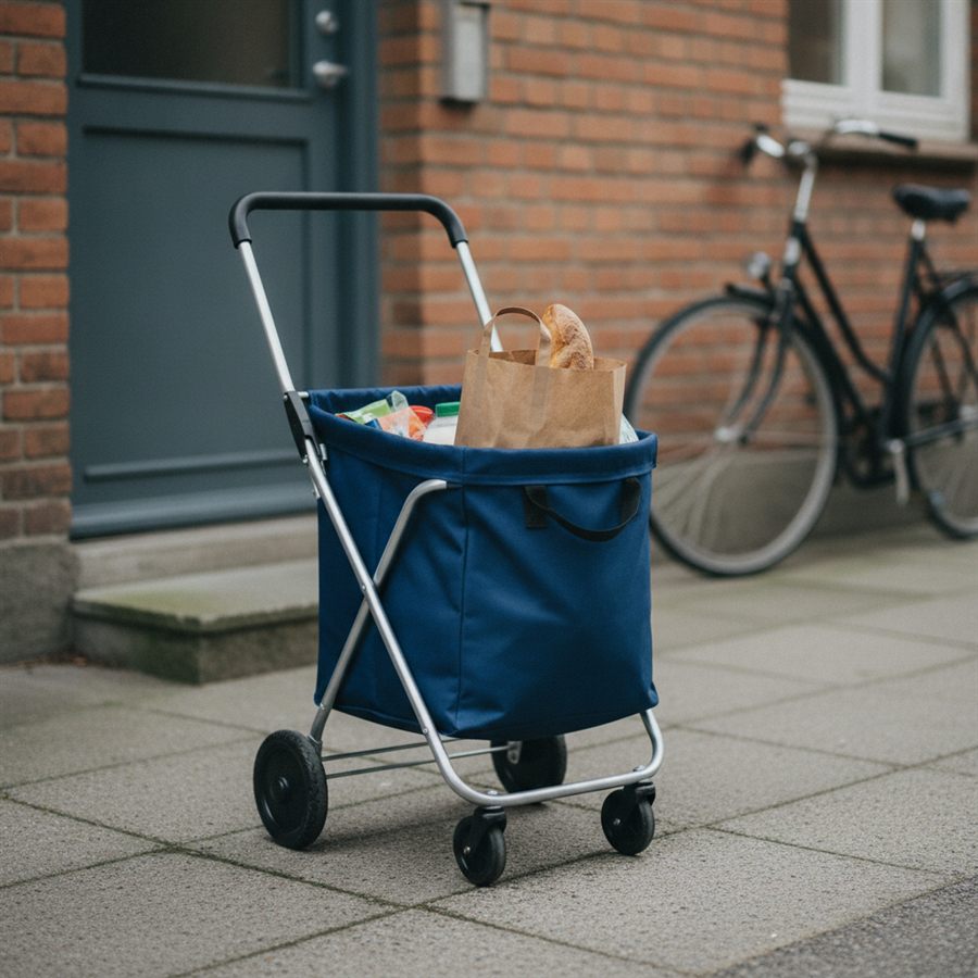 Firehjulet indkøbstrolley med mørkeblå stoftaske står fyldt med varer på et dansk fortov ved en indgangsdør