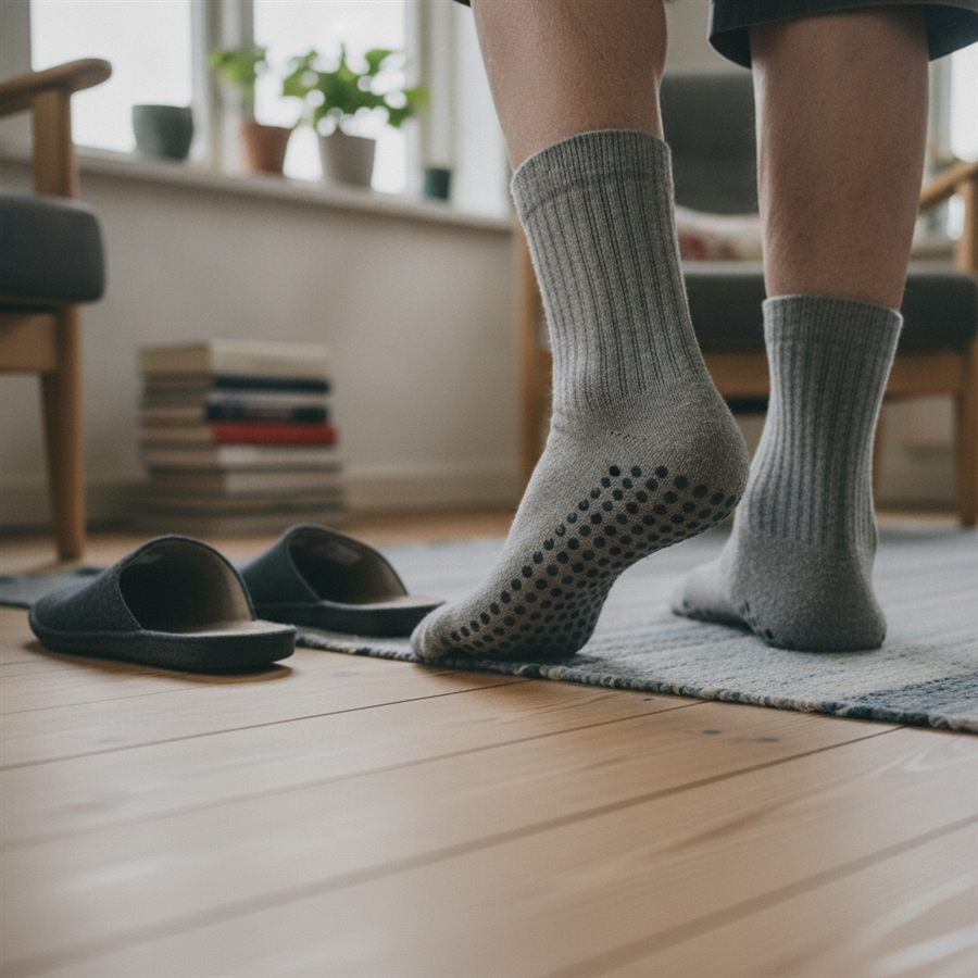Ældre persons fødder i grå sokker med skridsikre gummiprikker under sålen står på et blankt trægulv