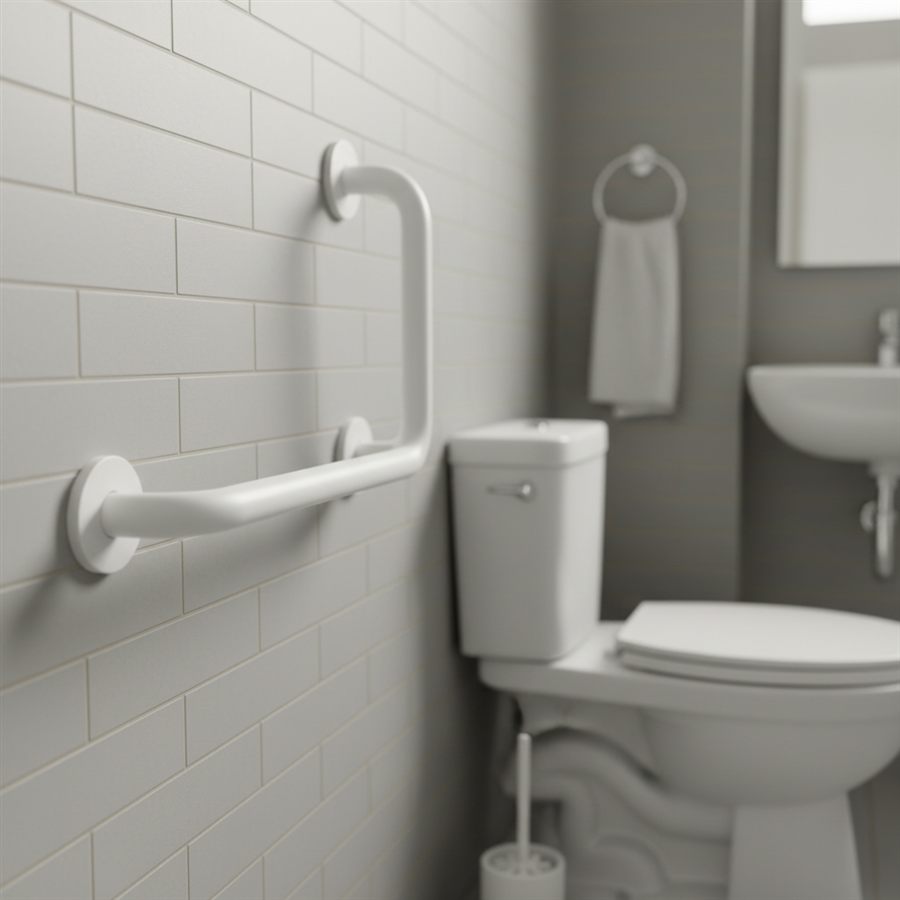 Hvidt støttegreb monteret på flisevæggen ved siden af et toilet i et dansk badeværelse