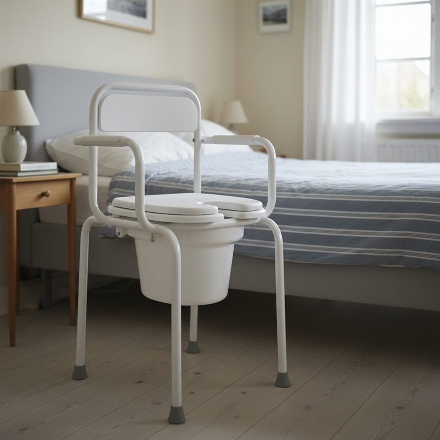 Hvid toiletstol med armlæn, toiletsæde med låg og aftagelig spand under sædet står ved en opredt seng