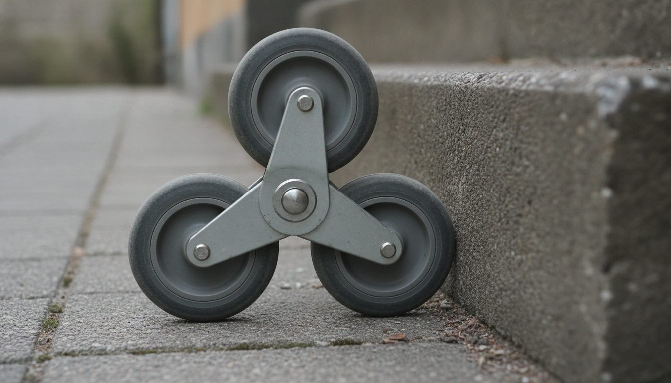 Nærbillede af et trehjulet stjernehjul på en indkøbstrolley, der er på vej op ad et trappetrin